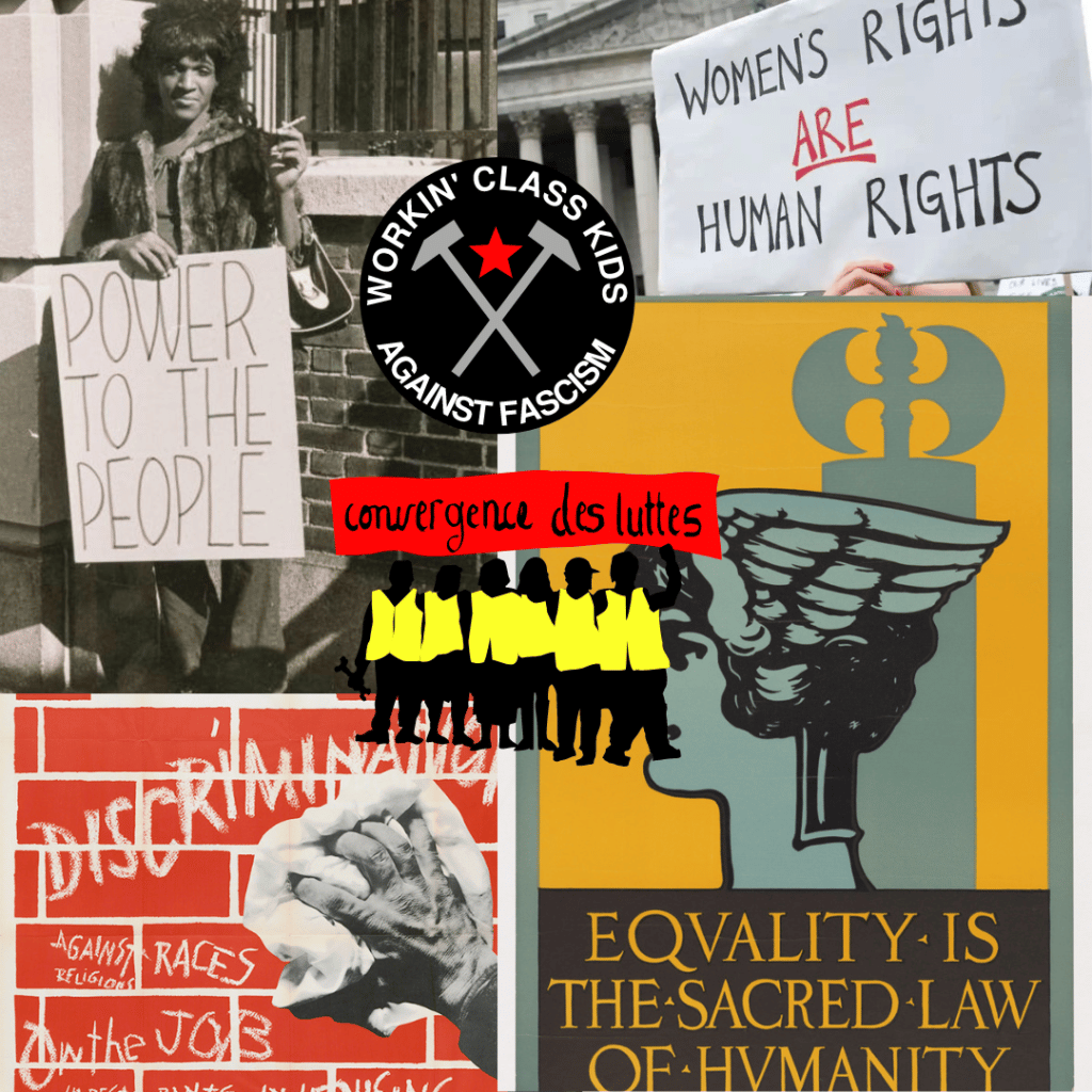 Image shows a collection of protest posters, including Marsha P Johnson (photographed by Diana Davies) holdinf a poster reading 'Power to the People', WOmens Rights are Human Rights banner, end discrimination poster, an original american suffragette poster with an art nouveau-style 3 colour design, reading 'Equality is the Sacred Law of Humanity'.
