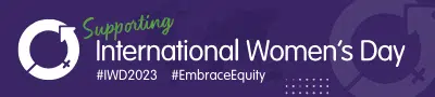 The IWD logo, with the words 'Supporting International Women's Day'. The two hashtags for this year's theme are below: #IWD2023 and #EmbraceEquity.