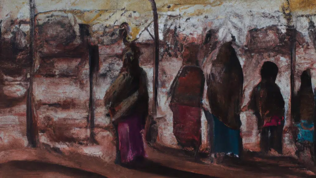 a pastel drawing of women with their backs to the viewer, looking through a fence at a harsh and hazy landscape